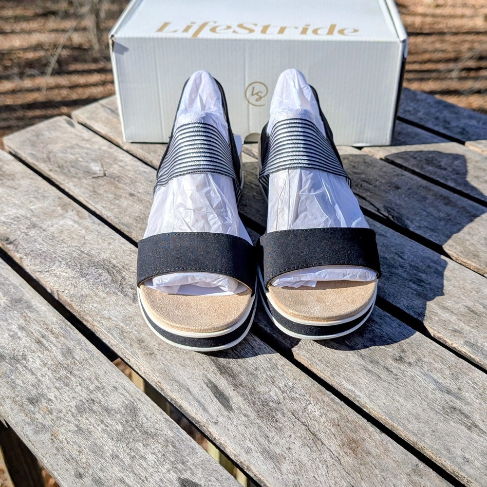 Life Stride Black and Tan Striped Sandals